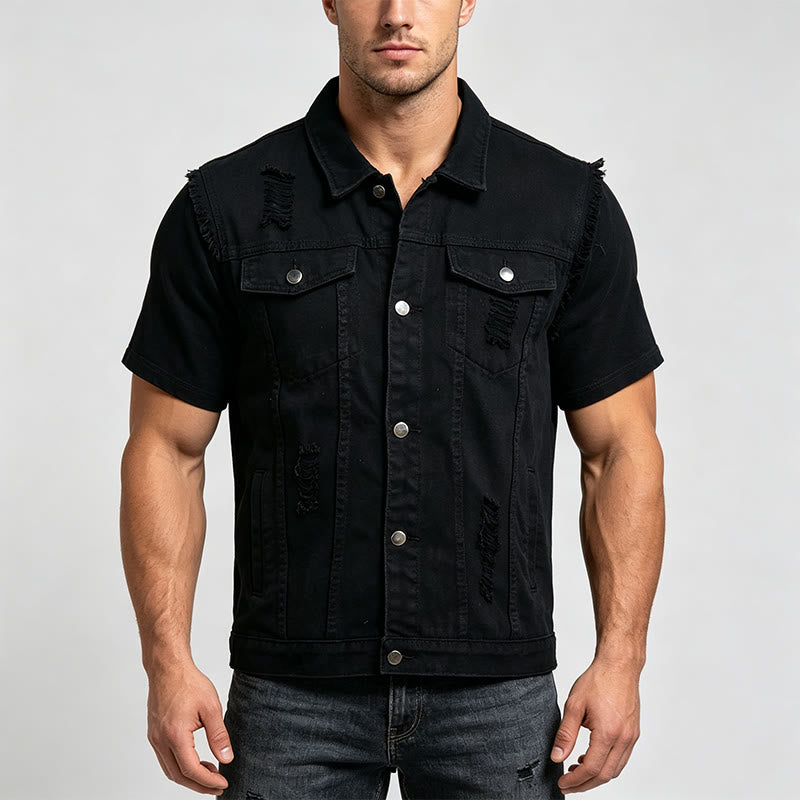 Men's Ripped Sleeveless Distressed Denim Vest - image 1
