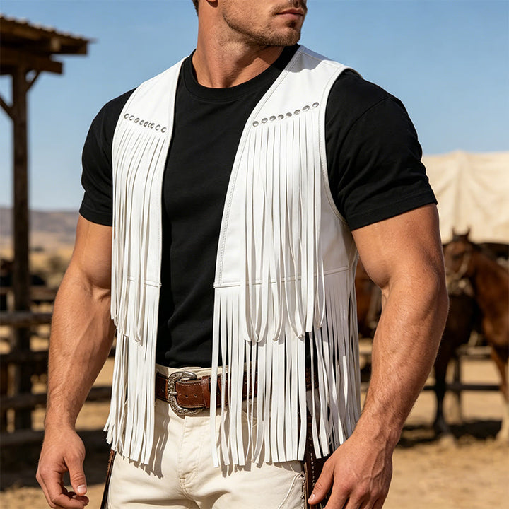 Men's Hippie Fringe Faux Suede Vest With Studs - White - 2XL - image 5
