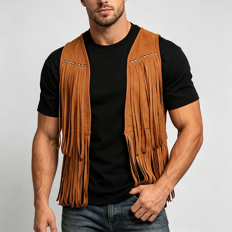 Men's Hippie Fringe Faux Suede Vest With Studs - image 1