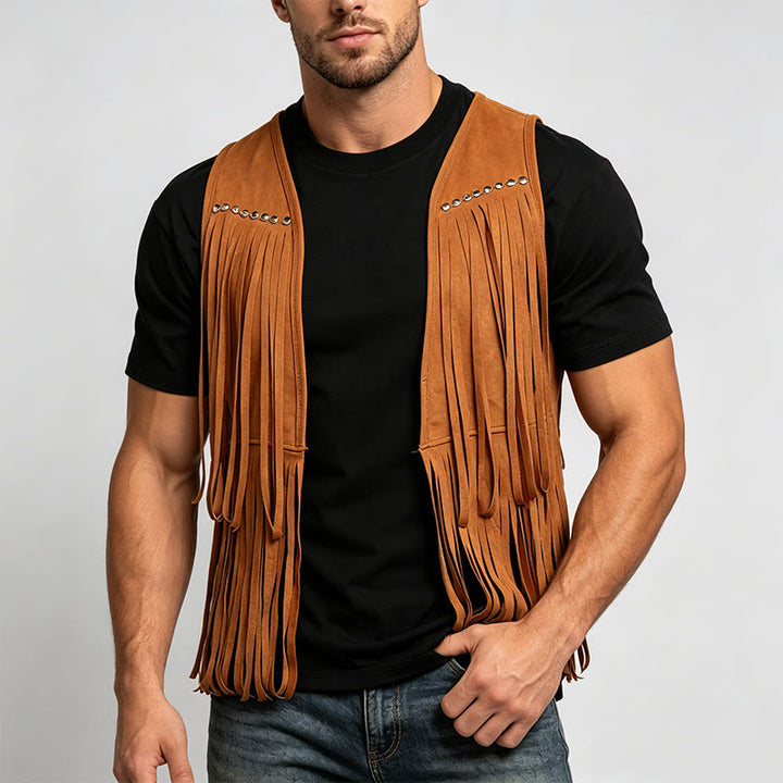 Men's Hippie Fringe Faux Suede Vest With Studs - image 1