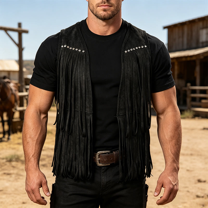Men's Hippie Fringe Faux Suede Vest With Studs - Black - 2XL - image 4