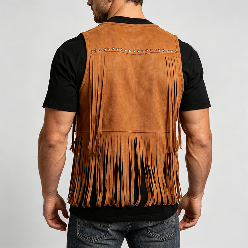 Men's Hippie Fringe Faux Suede Vest With Studs - image 3