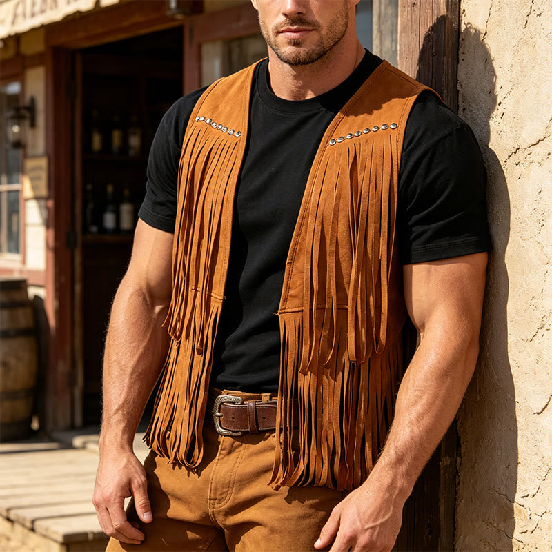 Men's Hippie Fringe Faux Suede Vest With Studs - Dark Khaki - 2XL - image 0