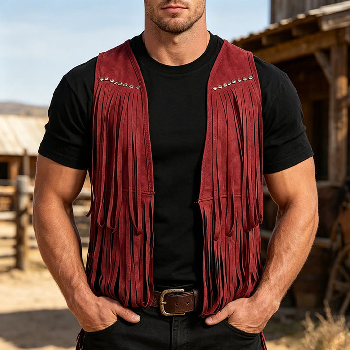 Men's Hippie Fringe Faux Suede Vest With Studs - Red - 2XL - image 6