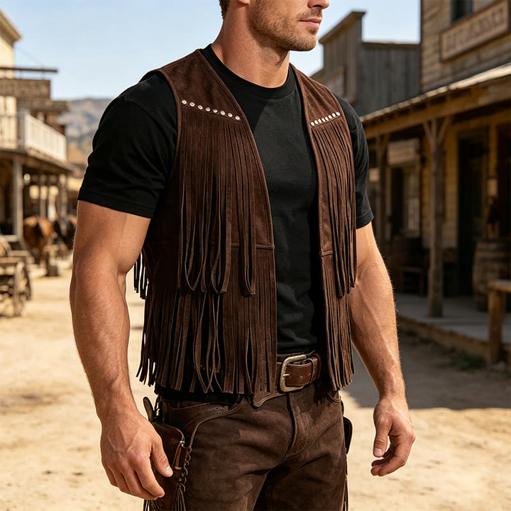 Men's Hippie Fringe Faux Suede Vest With Studs - Dark Brown - 2XL - image 7