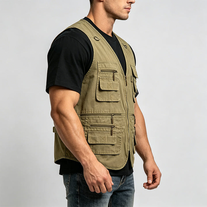 Men's Washed Canvas Outdoor Vest With Multiple Zipper Pockets - image 2