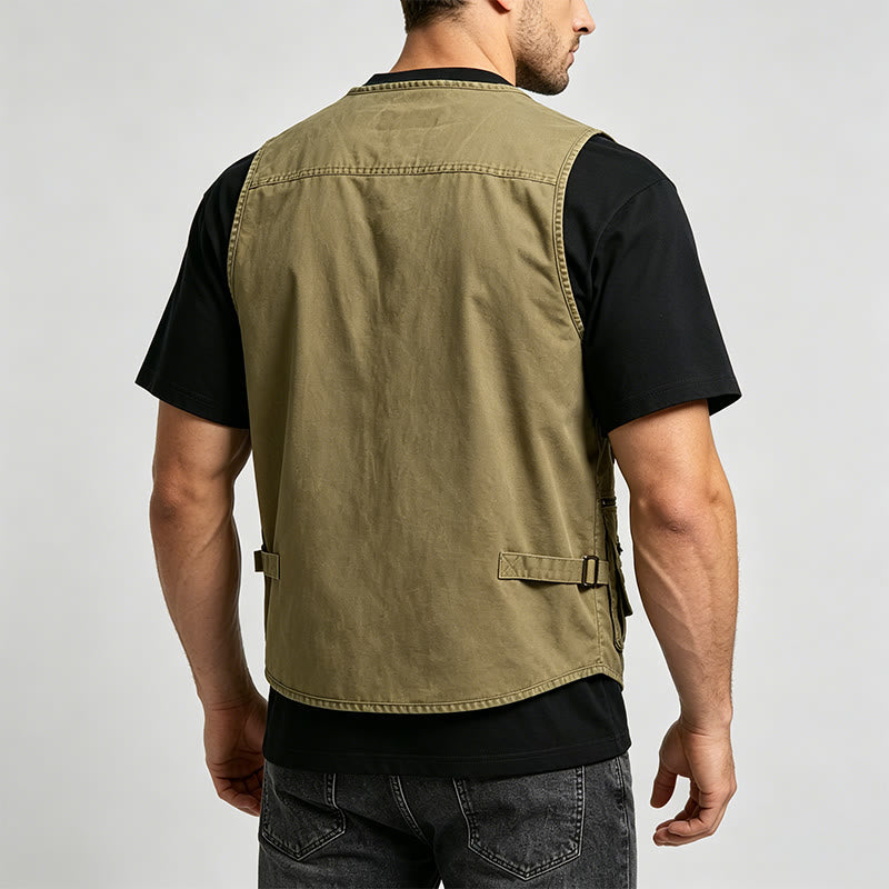 Men's Washed Canvas Outdoor Vest With Multiple Zipper Pockets - image 3