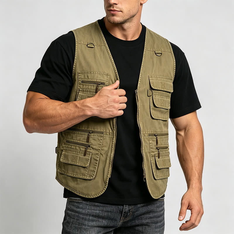 Men's Washed Canvas Outdoor Vest With Multiple Zipper Pockets - image 1
