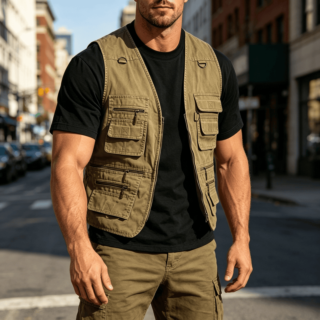 Men's Washed Canvas Outdoor Vest With Multiple Zipper Pockets - Khaki - 7XL - image 0