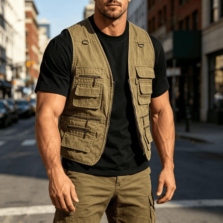 Men's Washed Canvas Outdoor Vest With Multiple Zipper Pockets - Khaki - 7XL - image 0