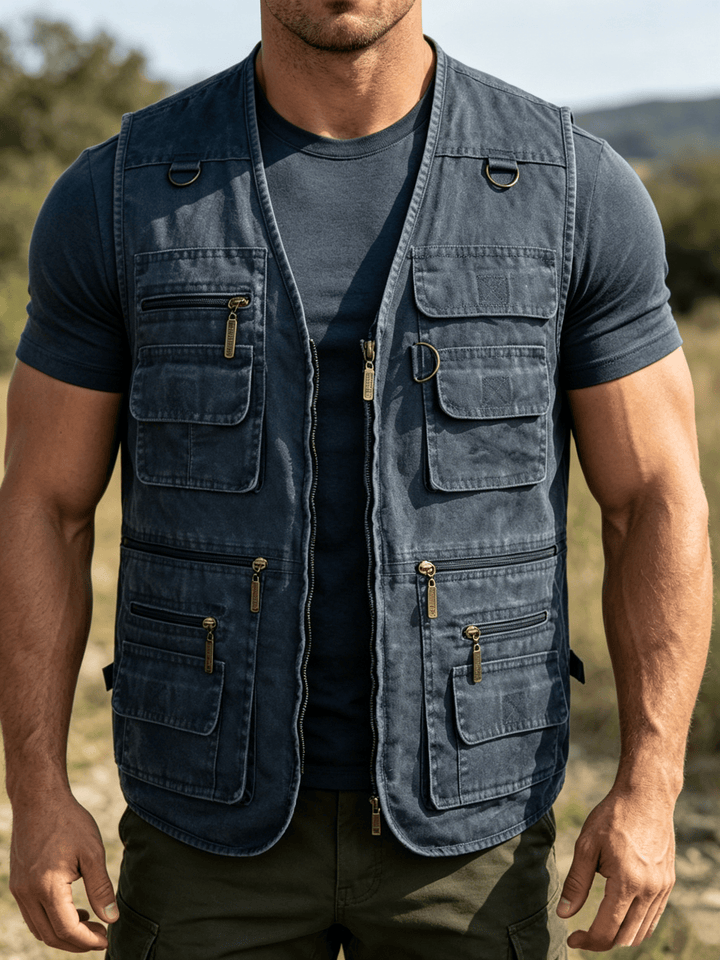 Men's Washed Canvas Outdoor Vest With Multiple Zipper Pockets - Dark Blue - 7XL - image 6