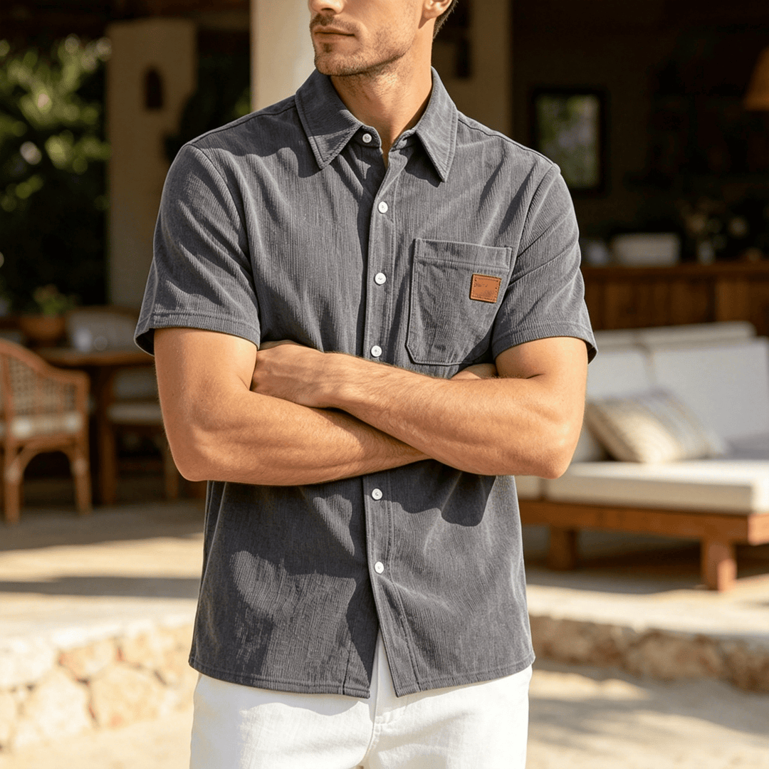 Men's Retro Workwear Corduroy Shirt With Leather Label Pocket  - Gray - 4XL - image 0