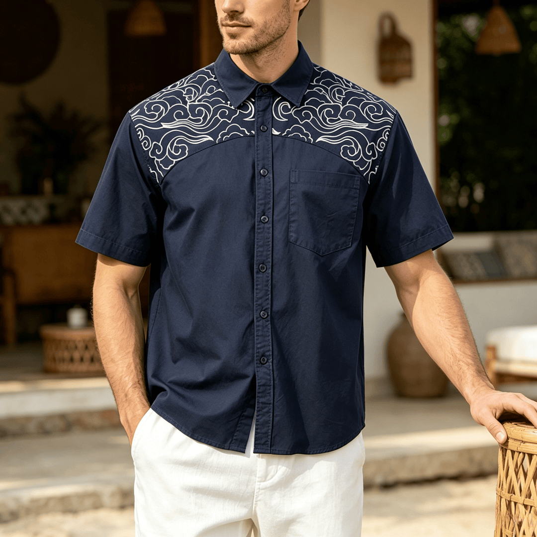Streetwear Cloud Embroidery Short-Sleeve Shirt - Navy - 4XL - image 0