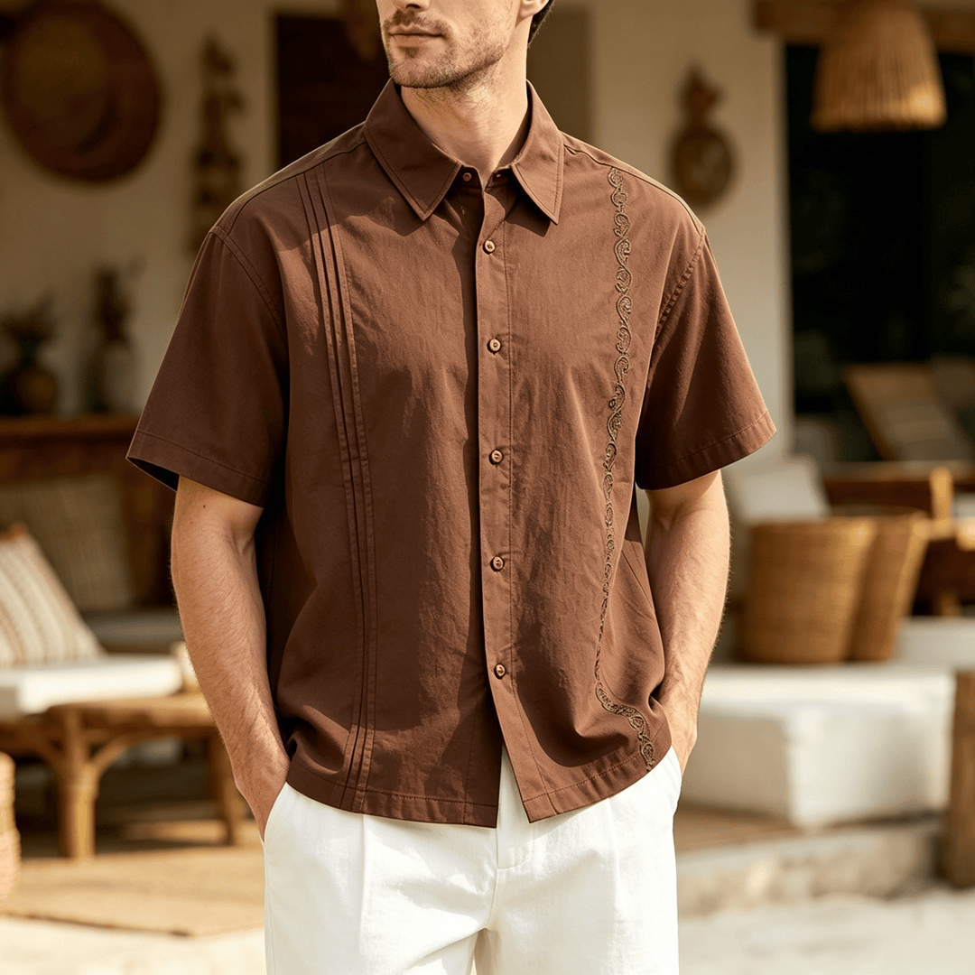 Dark Brown Oversized Short-Sleeve Side Embroidery Shirt - Dark Brown - 3XL - image 0