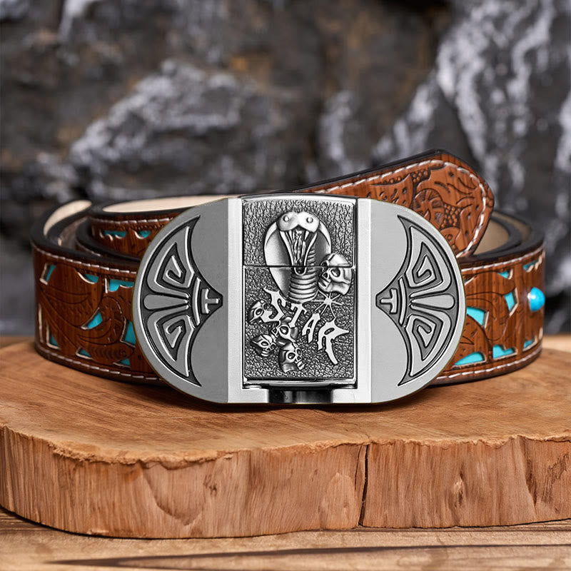 Men's DIY Gothic Cobra Skull Leather Belt With Hidden Lighter - Silver - Turquoise Carved Belt - 42 - image 11