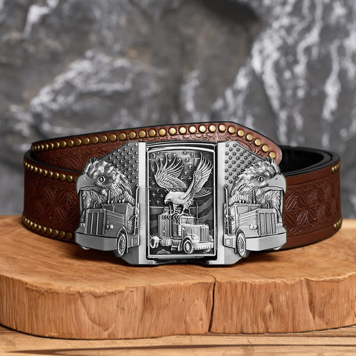 Men's DIY American Eagle & Truck Leather Belt With Hidden Lighter - Silver - Brown Rivet Belt - 42 - image 12