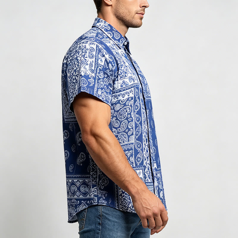 Men's Classic Navy Paisley Patchwork Print Short Sleeve Shirt - image 2