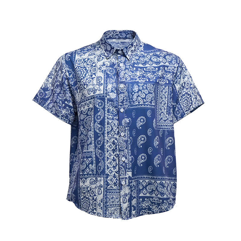 Men's Classic Navy Paisley Patchwork Print Short Sleeve Shirt - image 9