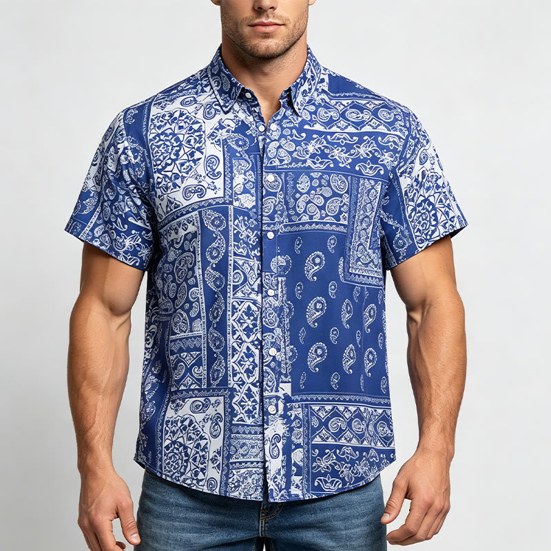 Men's Classic Navy Paisley Patchwork Print Short Sleeve Shirt - image 1