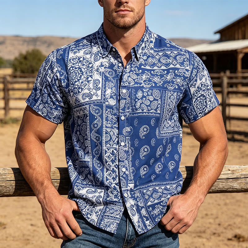Men's Classic Navy Paisley Patchwork Print Short Sleeve Shirt - Navy - 5XL - image 0
