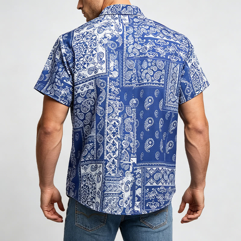 Men's Classic Navy Paisley Patchwork Print Short Sleeve Shirt - image 3