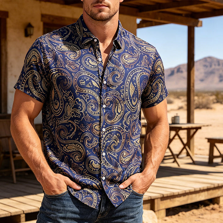 Men's Shiny Luxury Vintage Paisley Pattern Dressy Shirt - Navy - 3XL - image 4