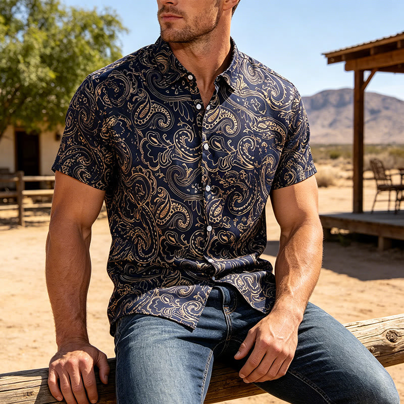 Men's Shiny Luxury Vintage Paisley Pattern Dressy Shirt - Midnight Blue - 3XL - image 5
