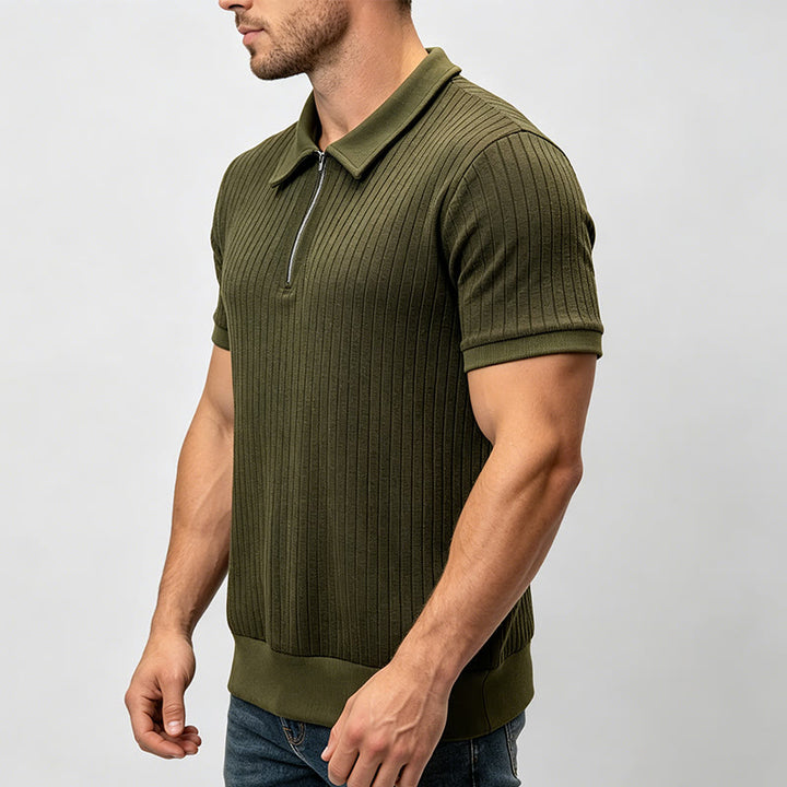 Men's Vertical Ribbed Knit Polo Shirt With Zip Neck - image 2