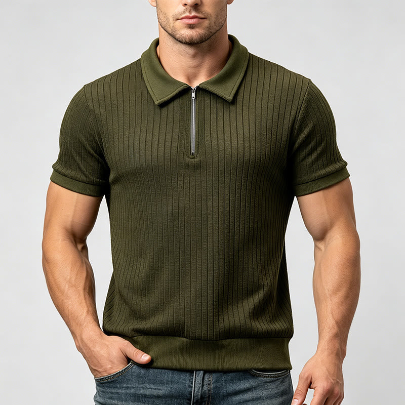 Men's Vertical Ribbed Knit Polo Shirt With Zip Neck - image 1