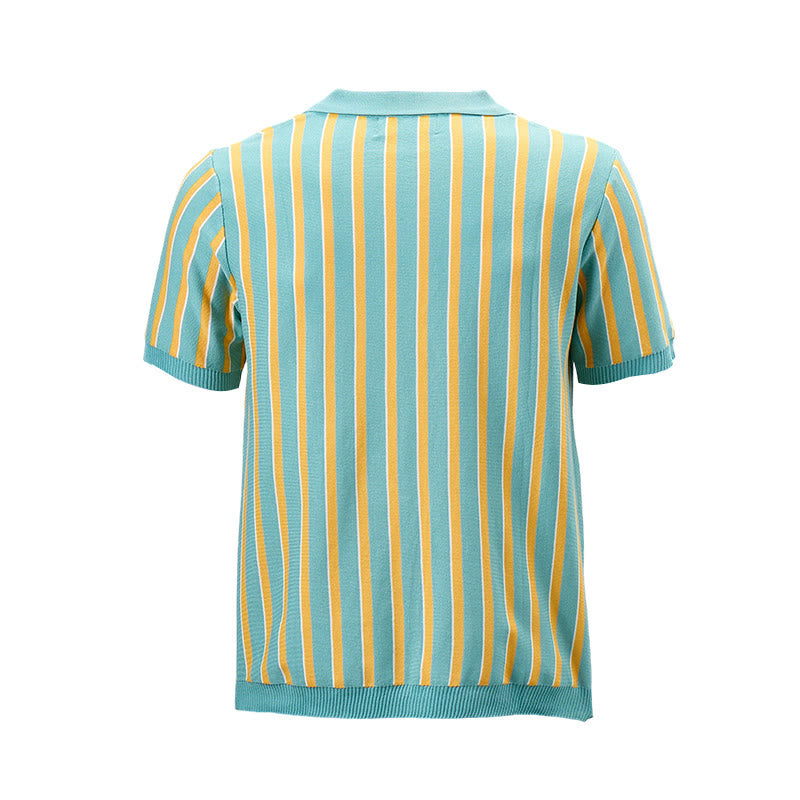 Men's Teal & Gold Vertical Striped Knit Polo Shirt - image 9