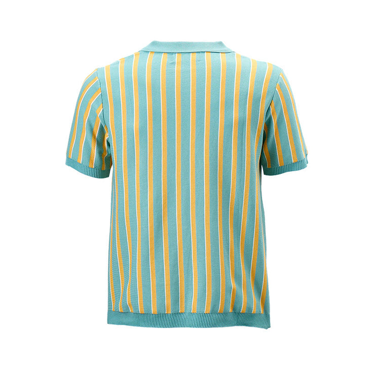 Men's Teal & Gold Vertical Striped Knit Polo Shirt - image 9