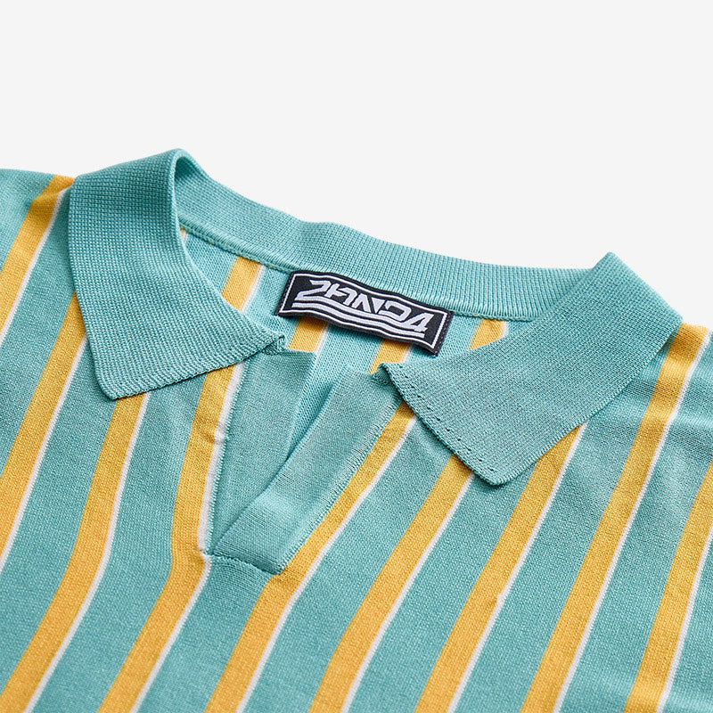 Men's Teal & Gold Vertical Striped Knit Polo Shirt - image 4