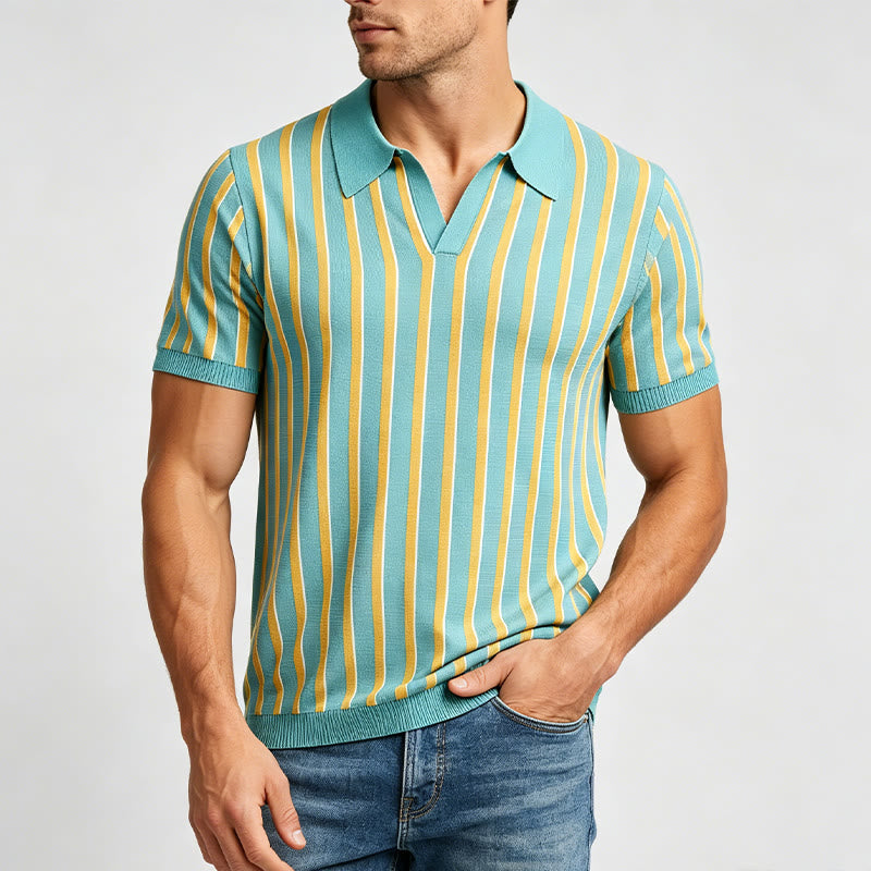 Men's Teal & Gold Vertical Striped Knit Polo Shirt - image 1