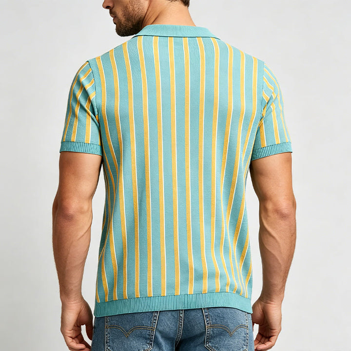Men's Teal & Gold Vertical Striped Knit Polo Shirt - image 3
