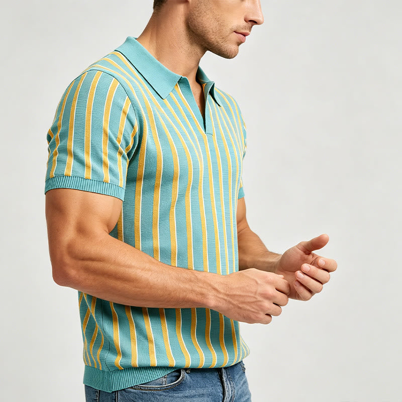 Men's Teal & Gold Vertical Striped Knit Polo Shirt - image 2