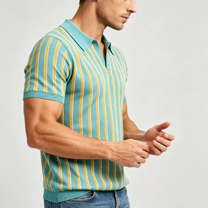 Men's Teal & Gold Vertical Striped Knit Polo Shirt - image 2