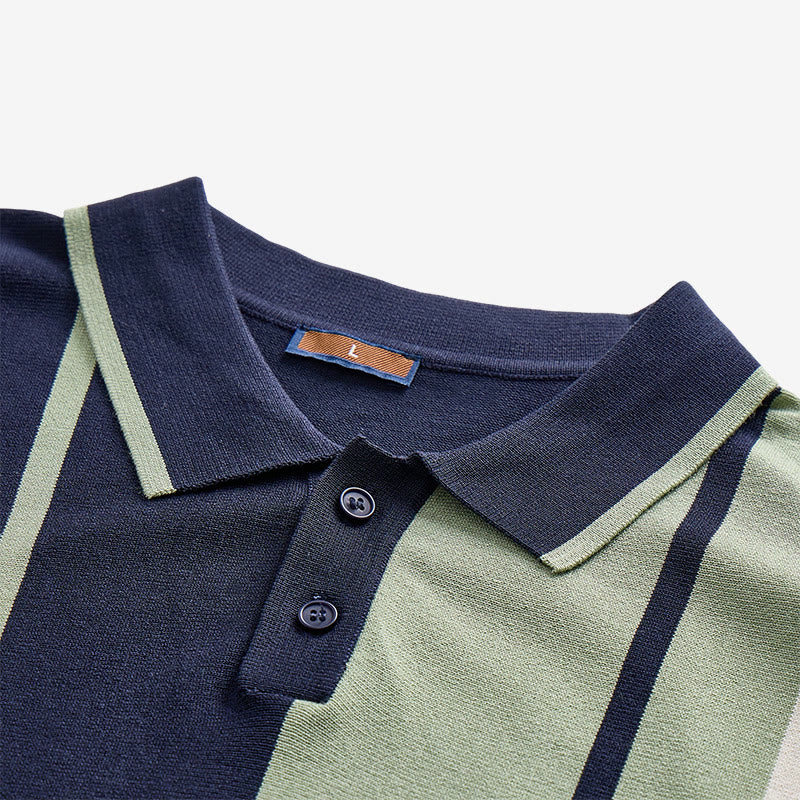 Men's Retro Navy & Sage Color-Block Stripe Knit Polo Shirt - image 4