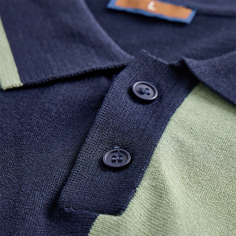 Men's Retro Navy & Sage Color-Block Stripe Knit Polo Shirt - image 5