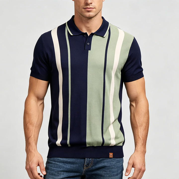 Men's Retro Navy & Sage Color-Block Stripe Knit Polo Shirt - image 1