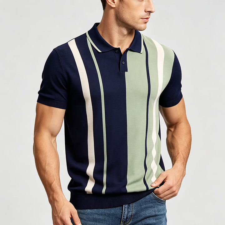 Men's Retro Navy & Sage Color-Block Stripe Knit Polo Shirt - image 2