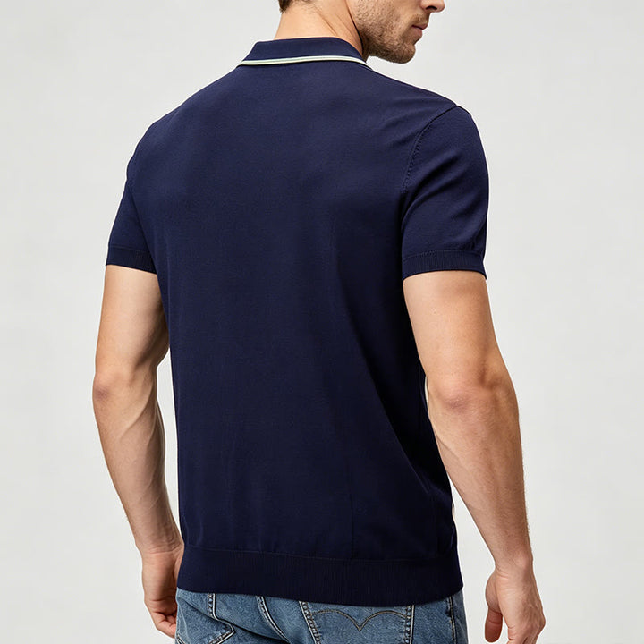 Men's Retro Navy & Sage Color-Block Stripe Knit Polo Shirt - image 3