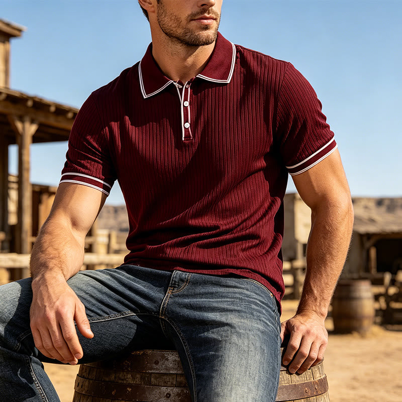Men's Minimalist Trimmed Collar & Cuffs Knit Polo Shirt - Burgundy - 2XL - image 5