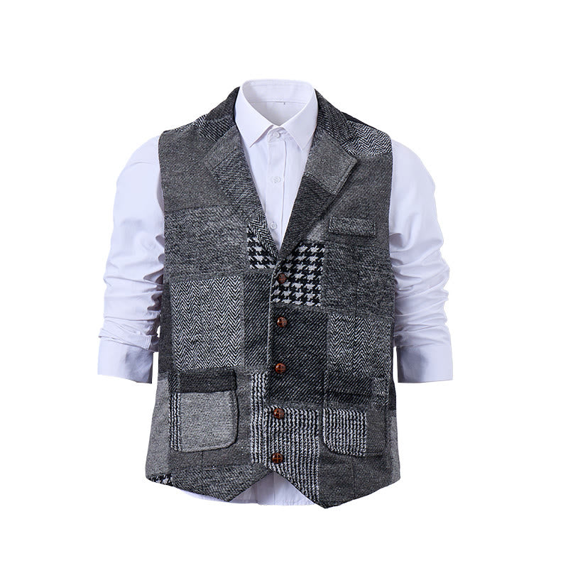 Men's Gray Patchwork Herringbone & Houndstooth Pattern Suit Vest - image 8