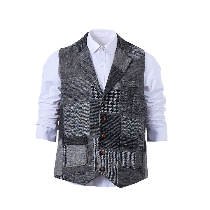 Men's Gray Patchwork Herringbone & Houndstooth Pattern Suit Vest - image 0