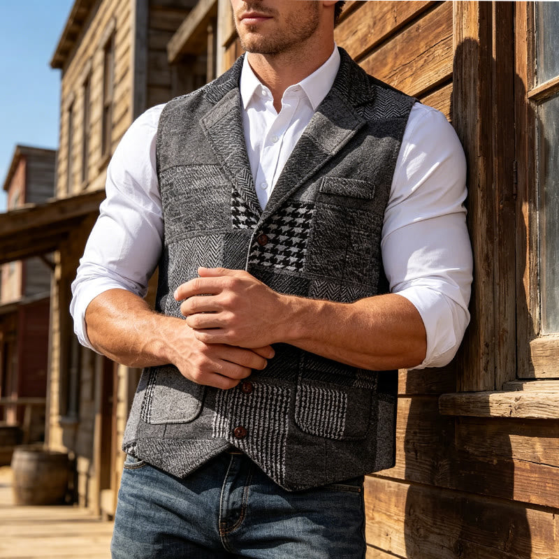 Men's Gray Patchwork Herringbone & Houndstooth Pattern Suit Vest - Gray - 2XL - image 0