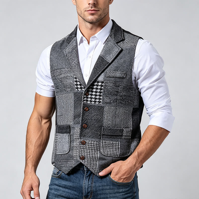 Men's Gray Patchwork Herringbone & Houndstooth Pattern Suit Vest - image 1
