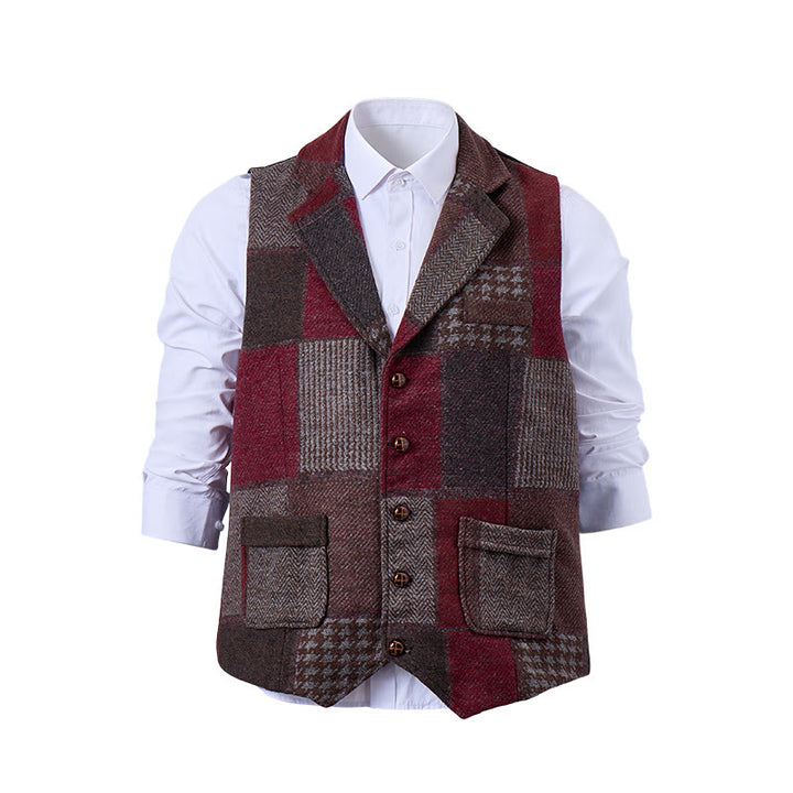 Men's Warm Tone Patchwork Mixed Herringbone Pattern Suit Vest - image 11