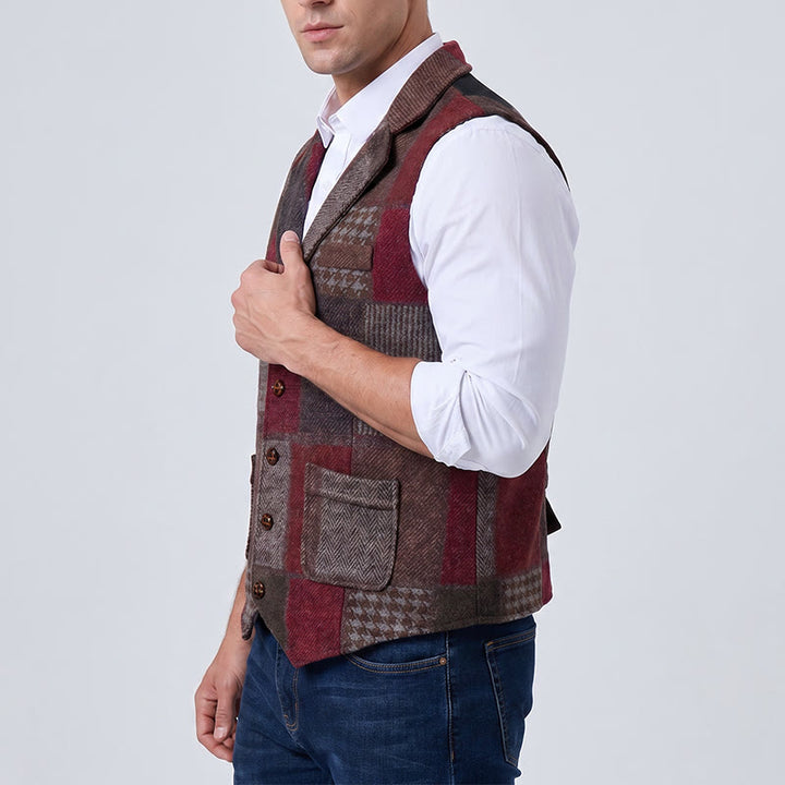 Men's Warm Tone Patchwork Mixed Herringbone Pattern Suit Vest - image 14