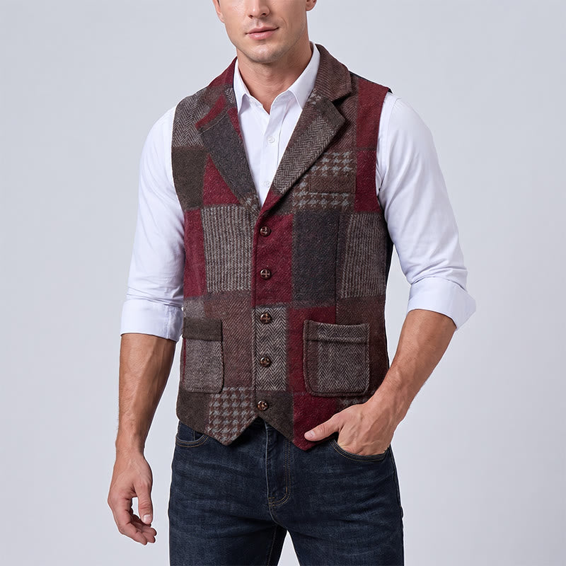 Men's Warm Tone Patchwork Mixed Herringbone Pattern Suit Vest - image 13