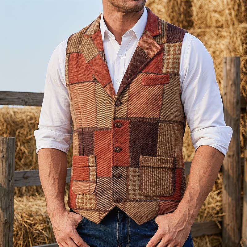 Men's Warm Tone Patchwork Mixed Herringbone Pattern Suit Vest - Orange - 2XL - image 1